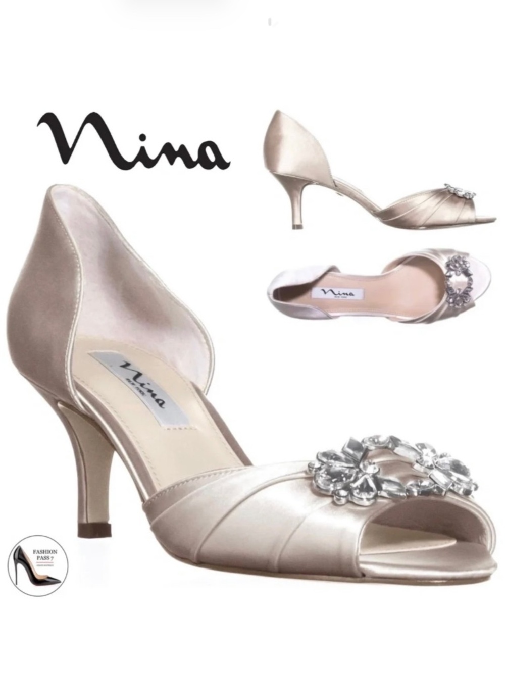 NINA CHARISA IVORY SATIN CRYSTAL Kitten Heel Pumps, Wedding Bridal Dress Shoes 7